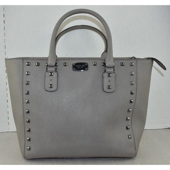 Michael Kors Womens Sandrine Studded Gray Saffiano Leather Satchel Handbag - Picture 2 of 16